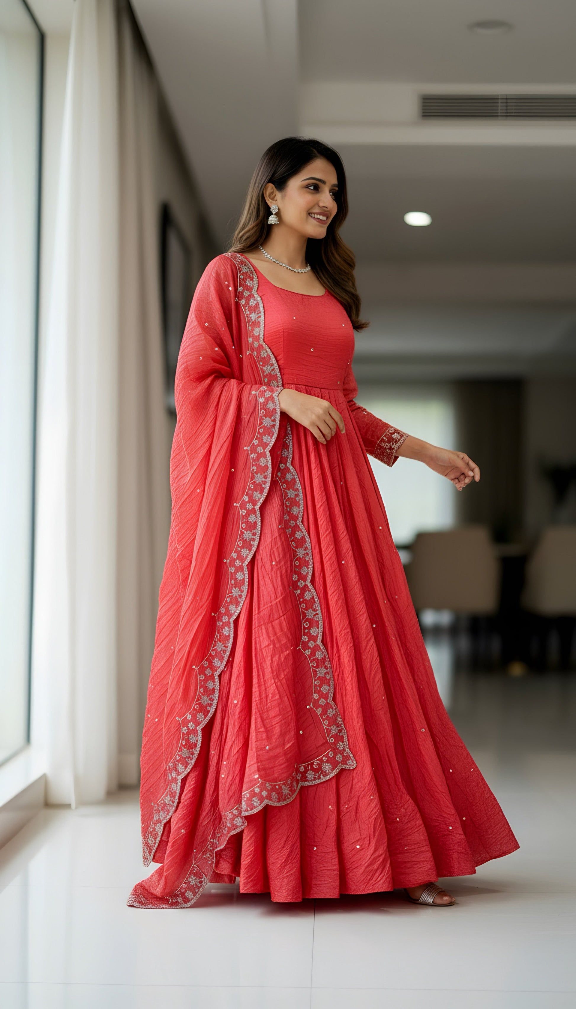 Lehenga Mart Premium Readymade Gown With Dupatta Set For Women-Coral pink