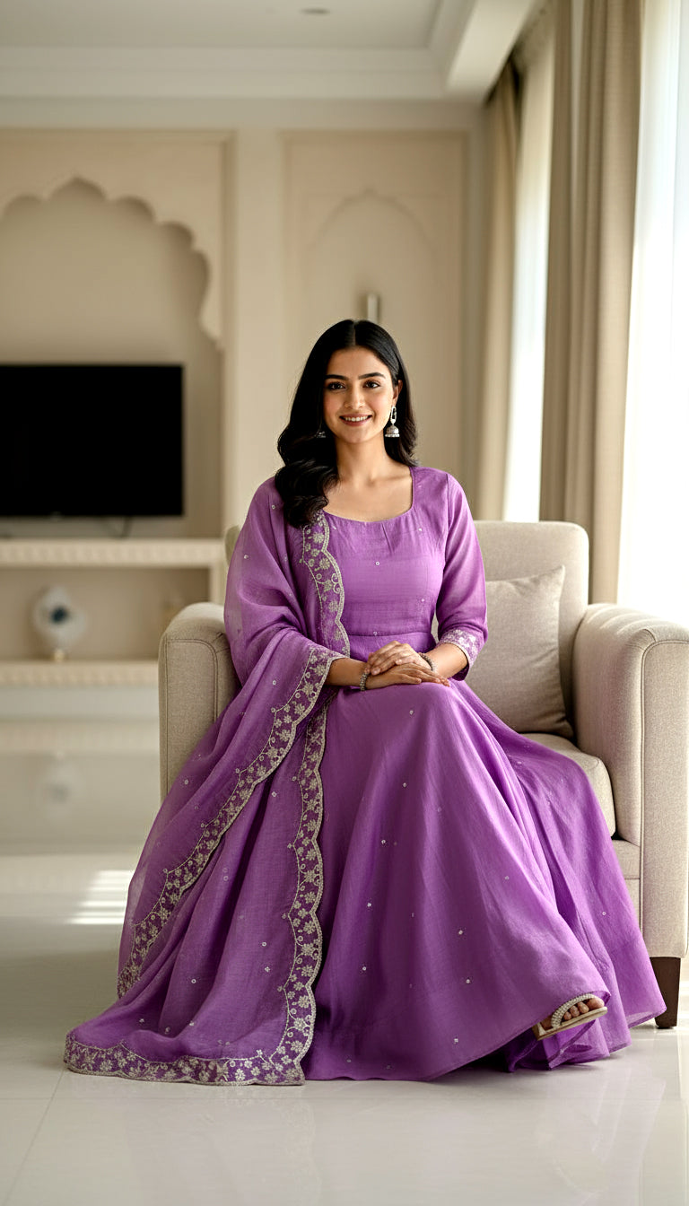 Lehenga Mart Premium Readymade Gown With Dupatta Set For Women-Lavender