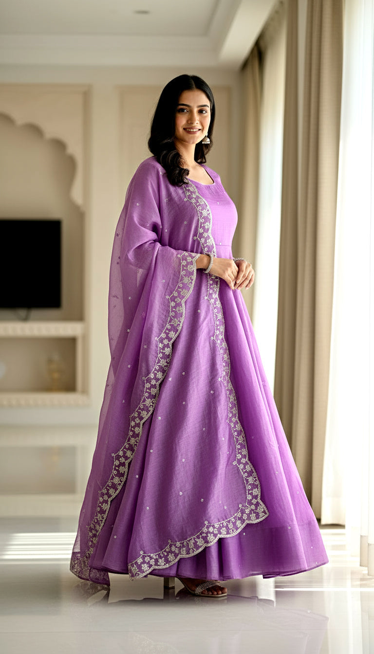 Lehenga Mart Premium Readymade Gown With Dupatta Set For Women-Lavender