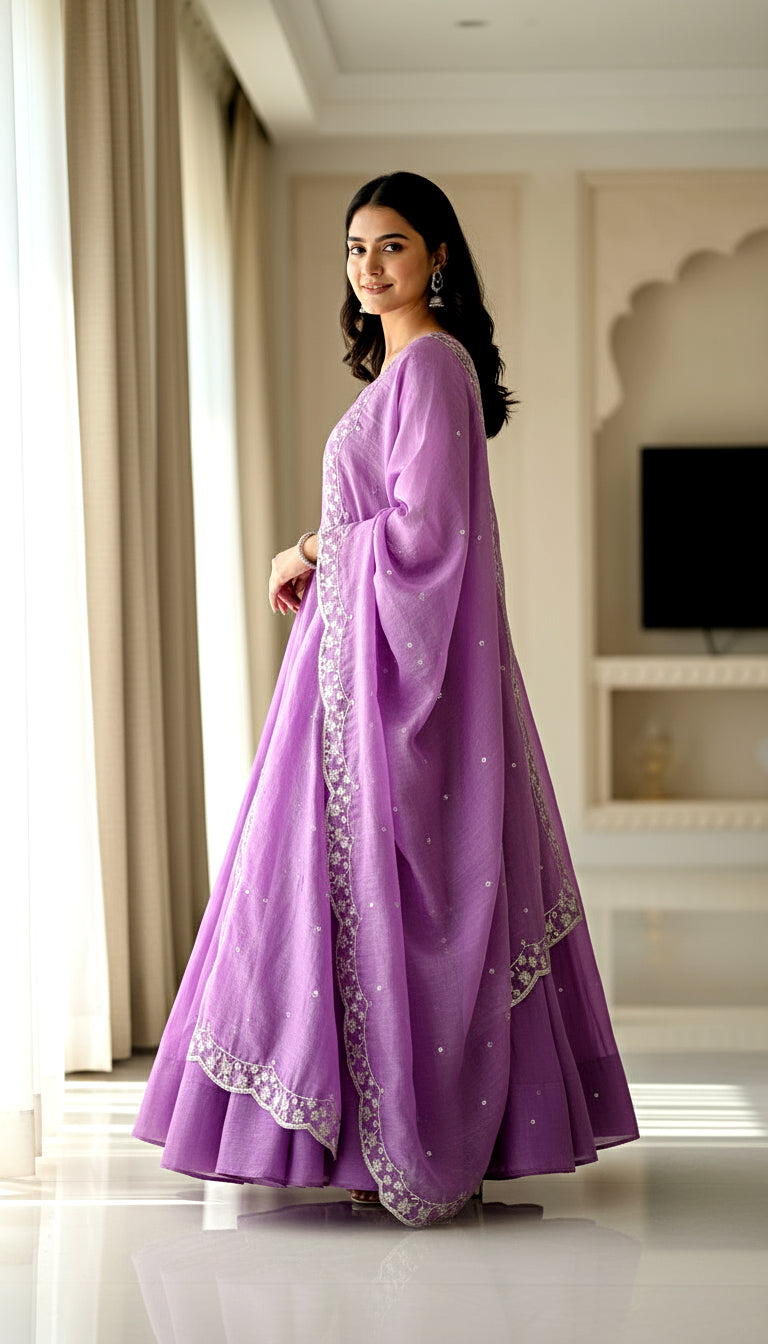 Lehenga Mart Premium Readymade Gown With Dupatta Set For Women-Lavender