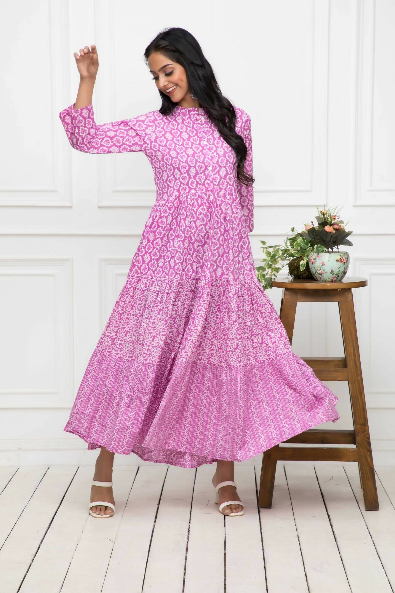 Myshka Women Pink Floral Cotton A-Line Mandarin Collar Long Dress