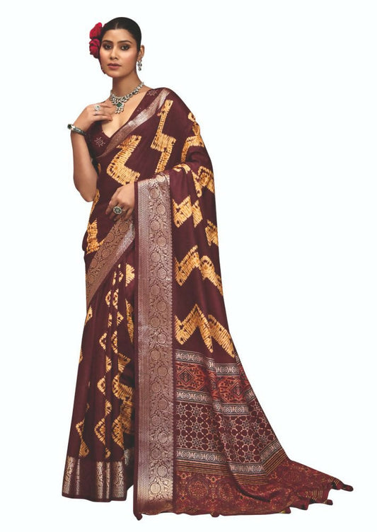 Joban Fashion Maroon Dola Tussar Silk Self Jacquard Border Saree