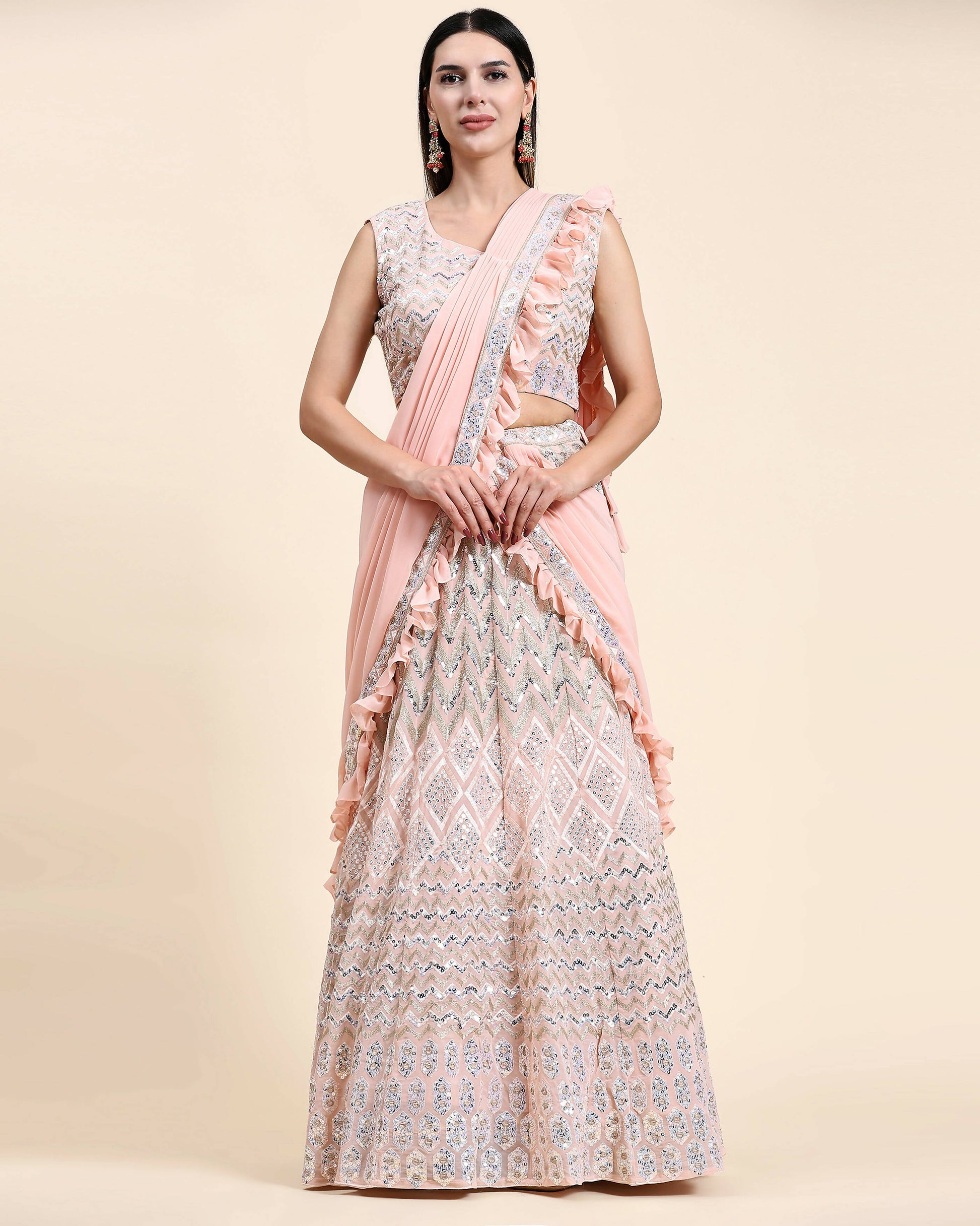 Peach Pure Viscose Georgette Thread With Sequins Embroidery Work Lehenga Choli With Dupatta - Tanya