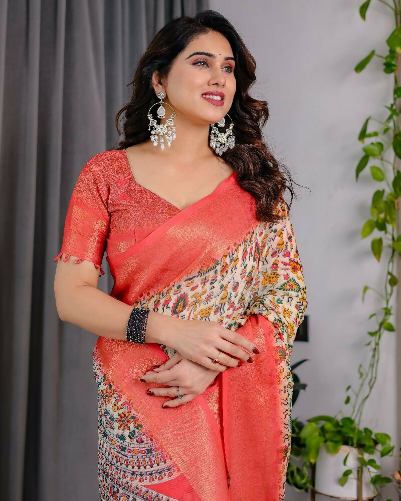 PR Fashion Cream Pure Handloom Linen Saree