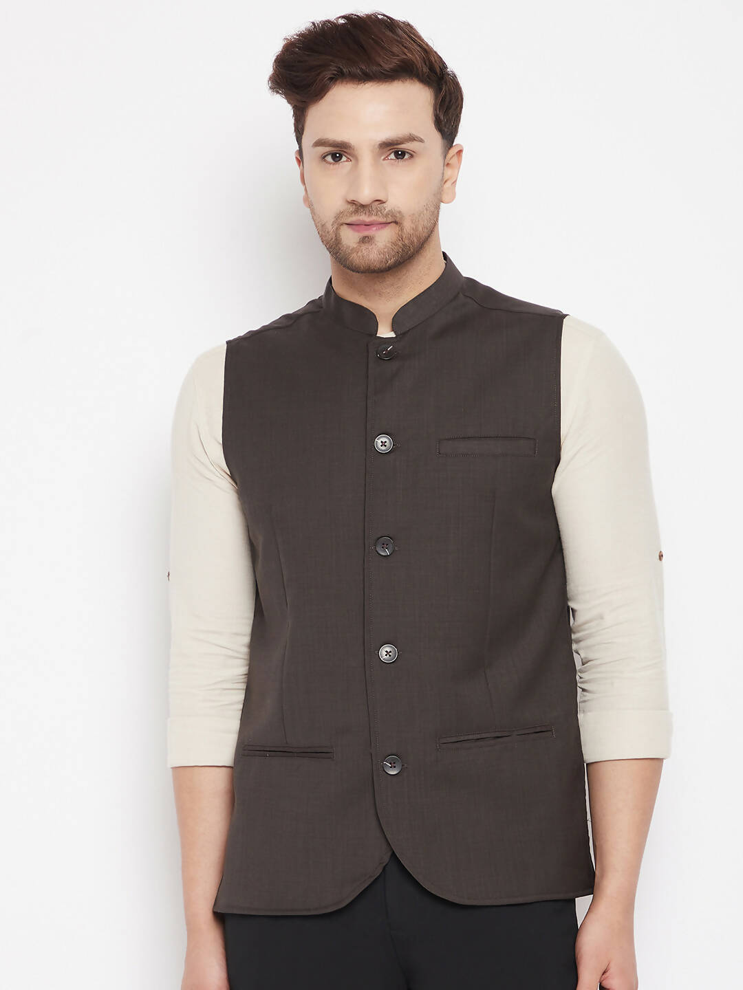Even Apparels Brown Merino Men Woven Nehru Jacket 