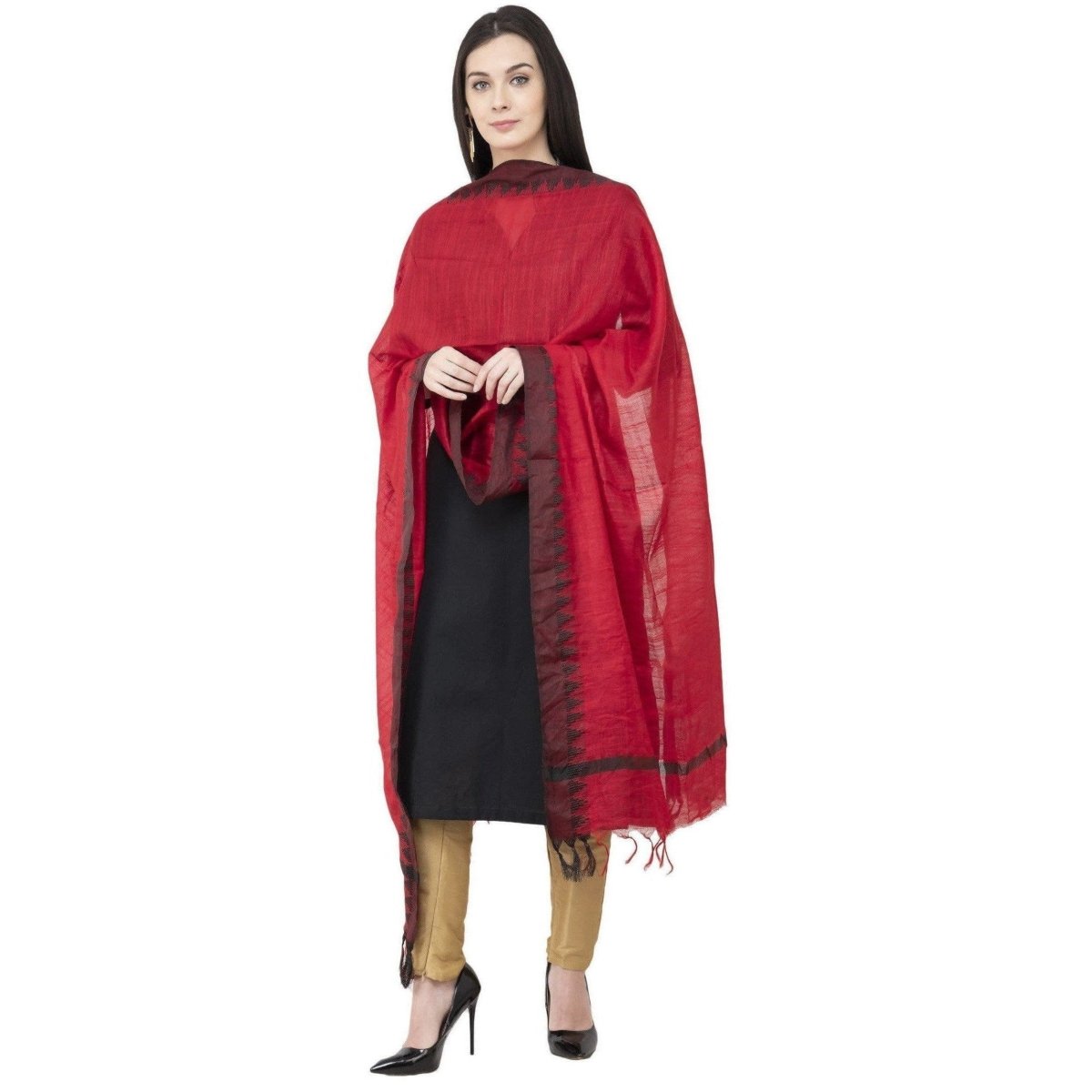 A R Silk Black Temple border Regular Dupatta Dark Red Color Dupatta or Chunni 