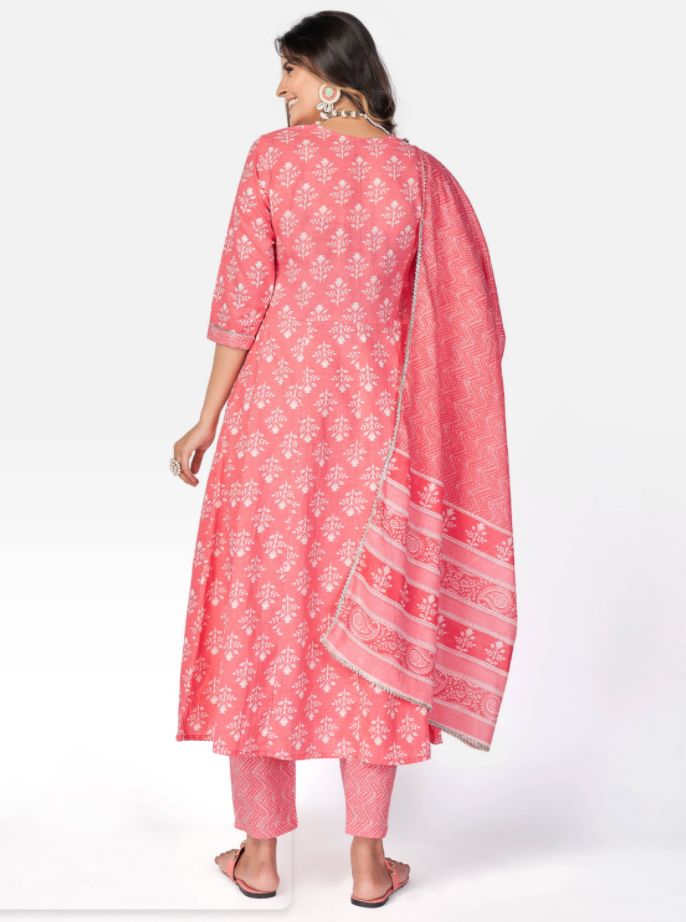 NOZ2TOZ Women Pink Anarkali Cotton Kurta With Pant & Dupatta (3pcs Set) 