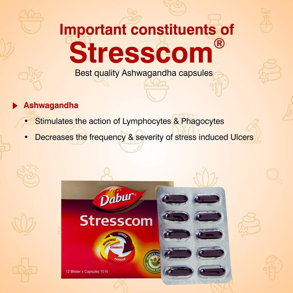 Dabur Stresscom Ashwagandha Capsules | Ayurvedic Adaptogen for Stress Relief & Vitality 
