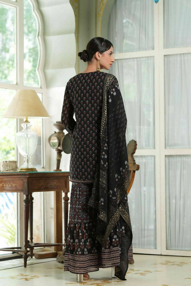 Juniper Black Georgette Festive Floral Print Straight Tunic-Sharara For Women 