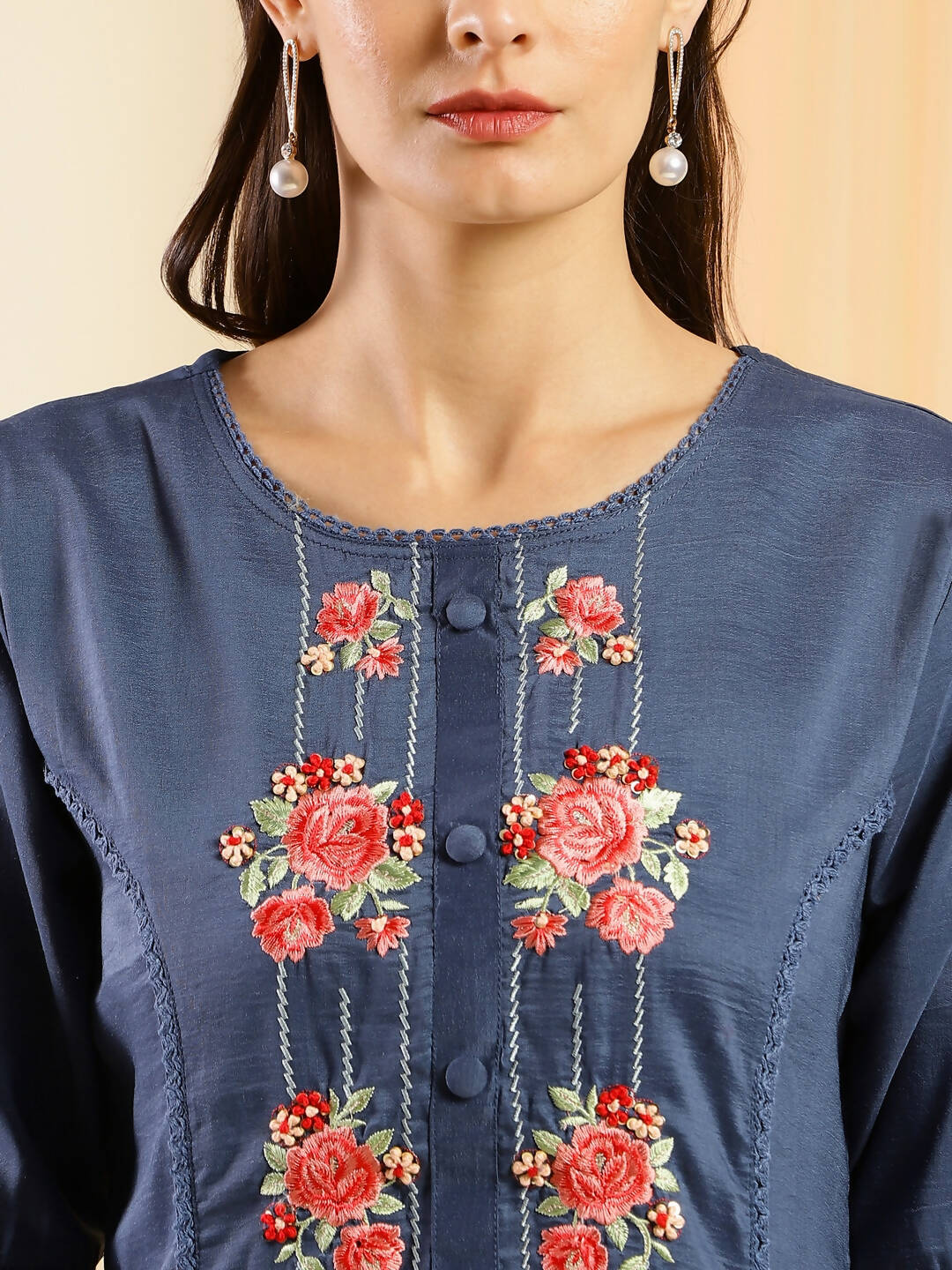 Navy Blue Chinon Embroidered Straight Kurta with Trouser & Dupatta - Salimar