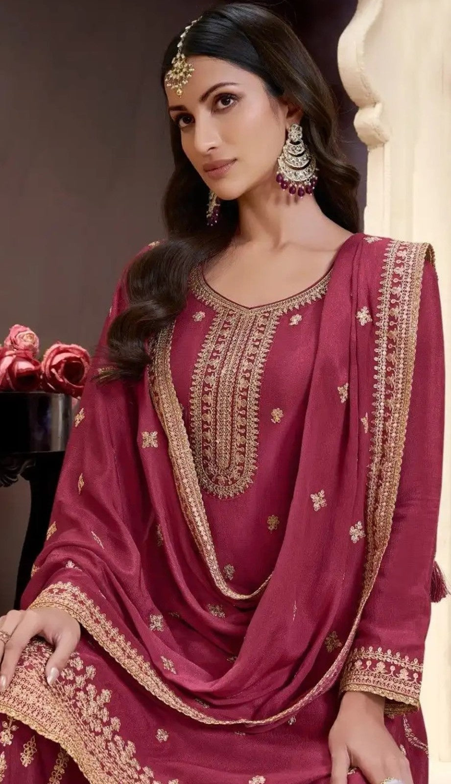 Anaita Dark Maroon Chinon Embroidered Salwar Suit