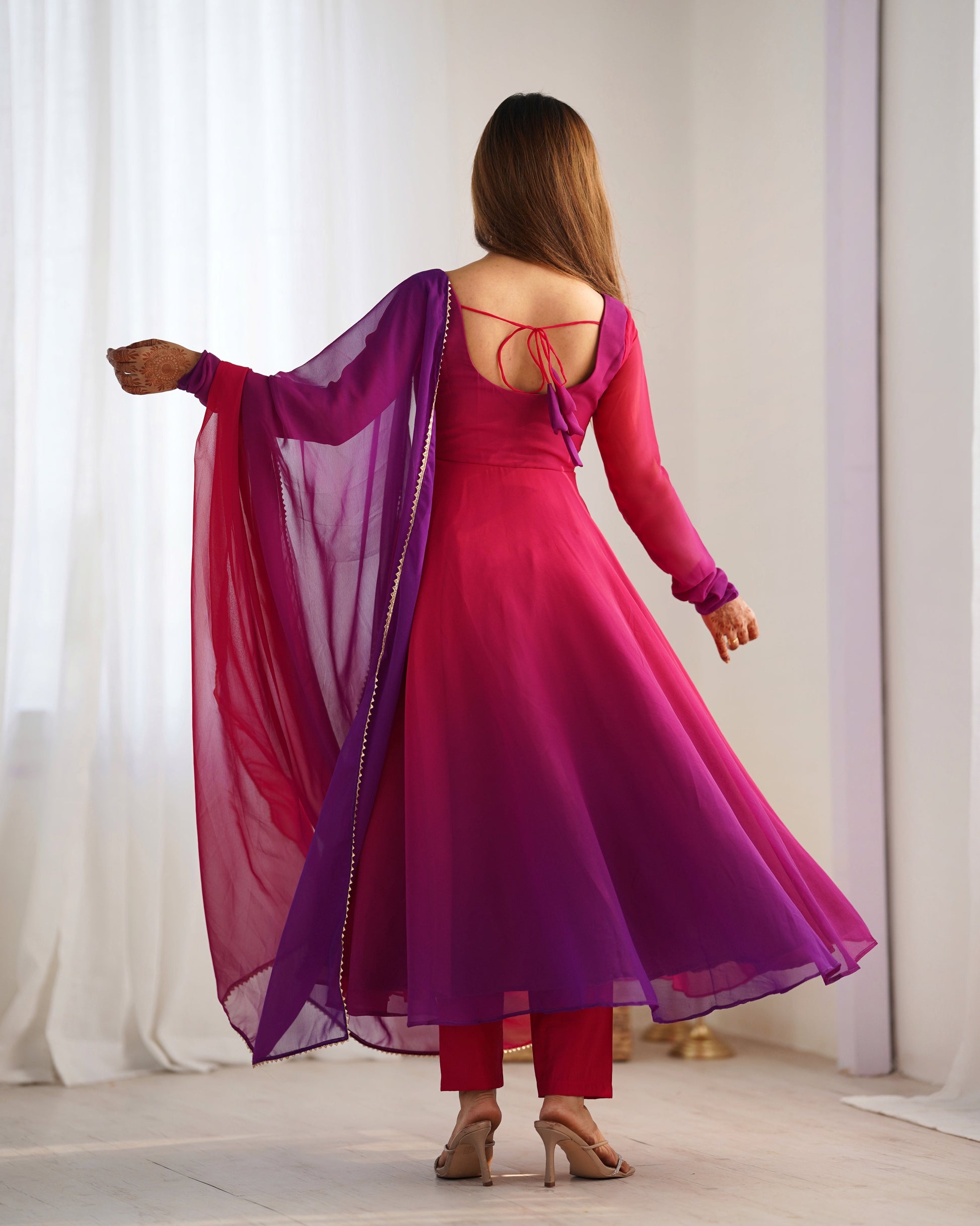 Lorenvalley Women Pure Soft Faux Georgette Colorful Padding Anarkali Kurta Pant With Dupatta Set - Darkpink 