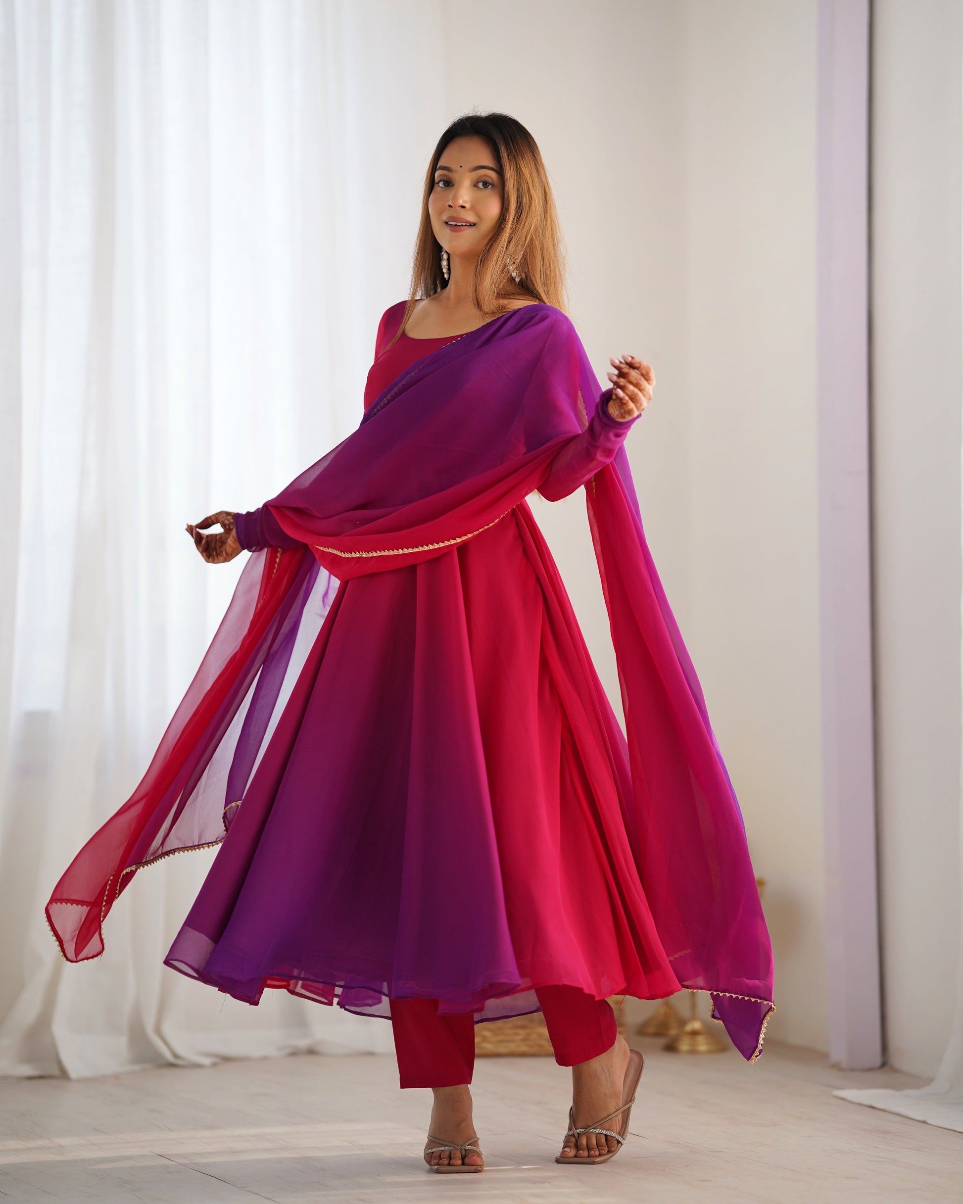 Lorenvalley Women Pure Soft Faux Georgette Colorful Padding Anarkali Kurta Pant With Dupatta Set - Darkpink 