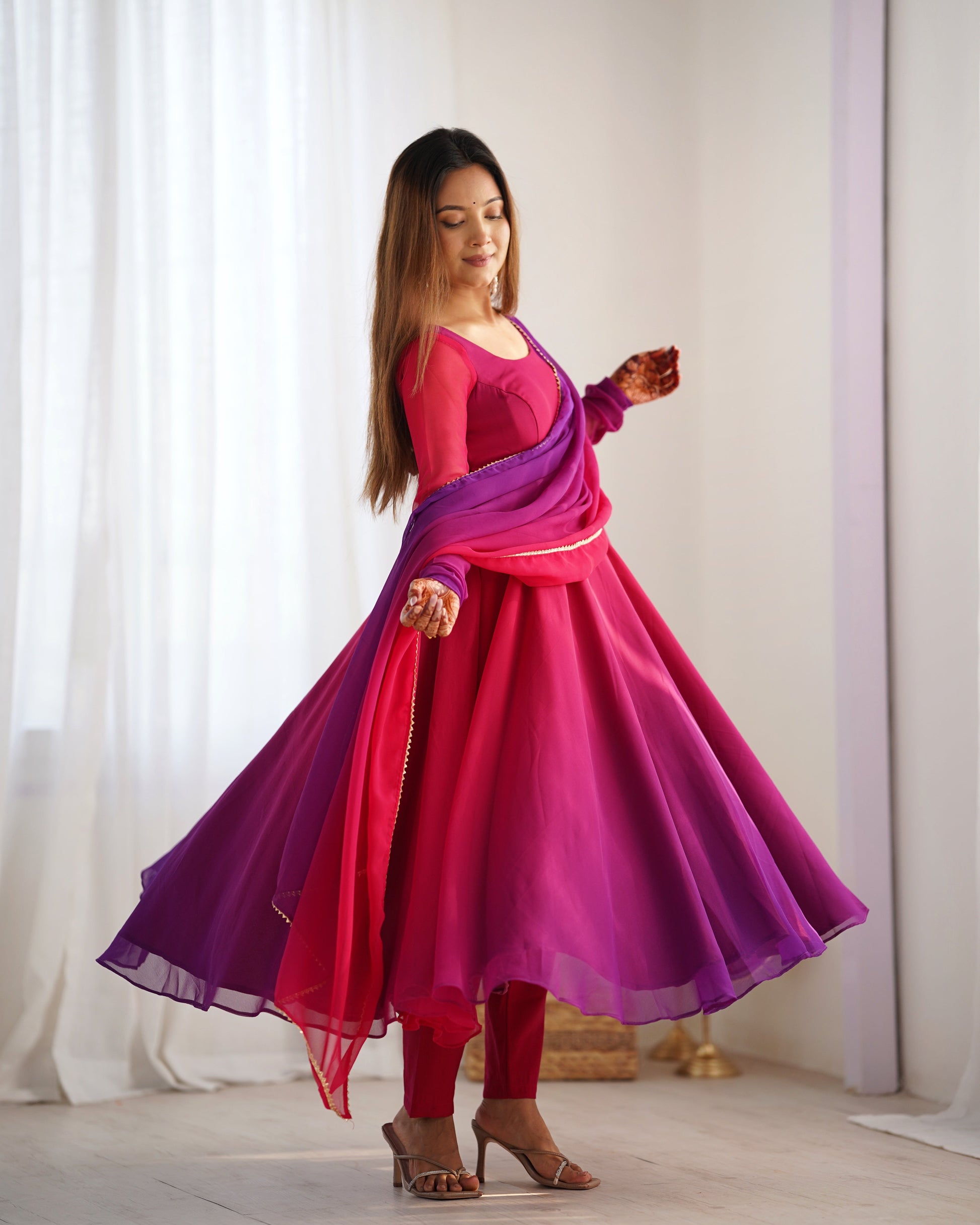 Lorenvalley Women Pure Soft Faux Georgette Colorful Padding Anarkali Kurta Pant With Dupatta Set - Darkpink 