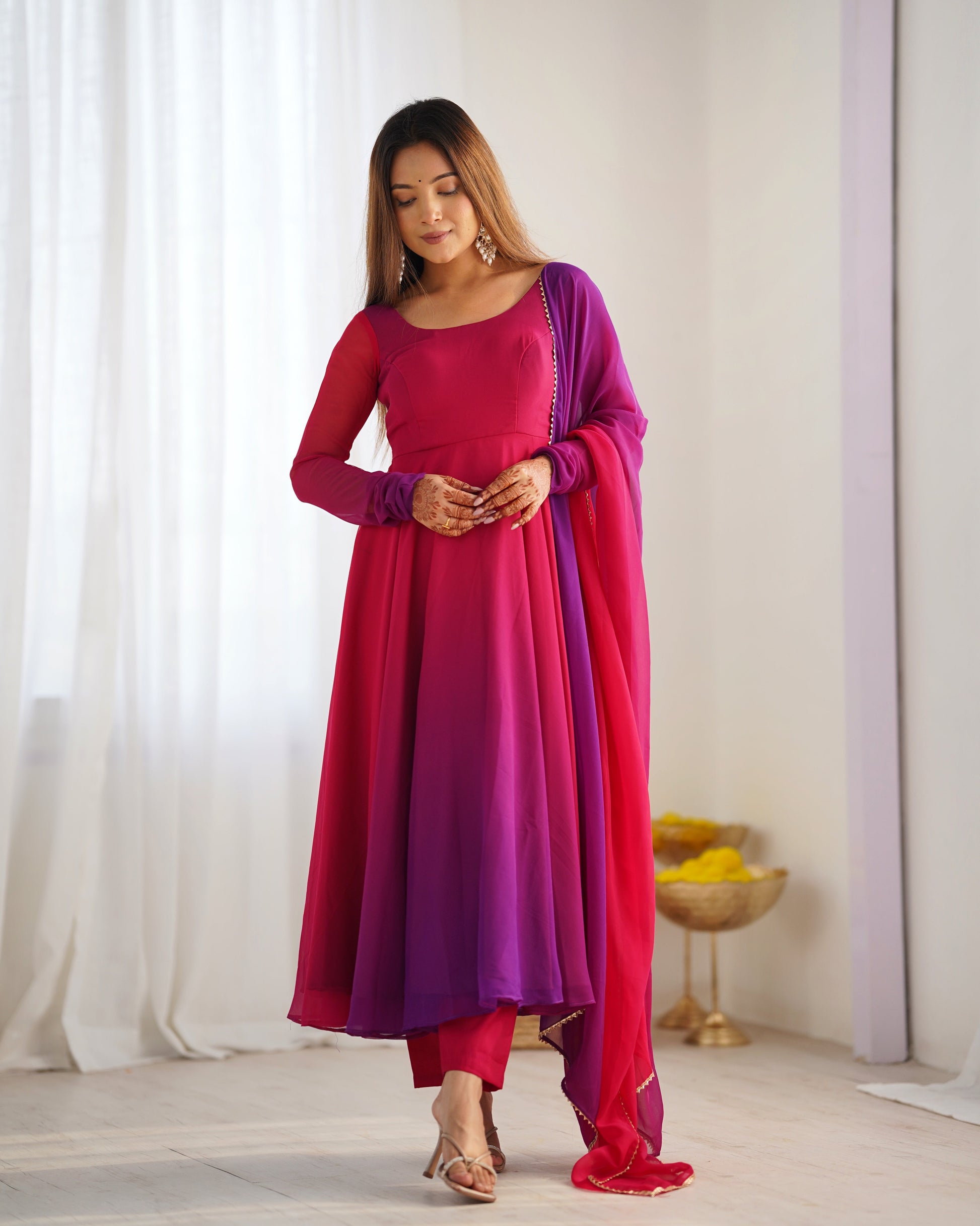 Lorenvalley Women Pure Soft Faux Georgette Colorful Padding Anarkali Kurta Pant With Dupatta Set - Darkpink 