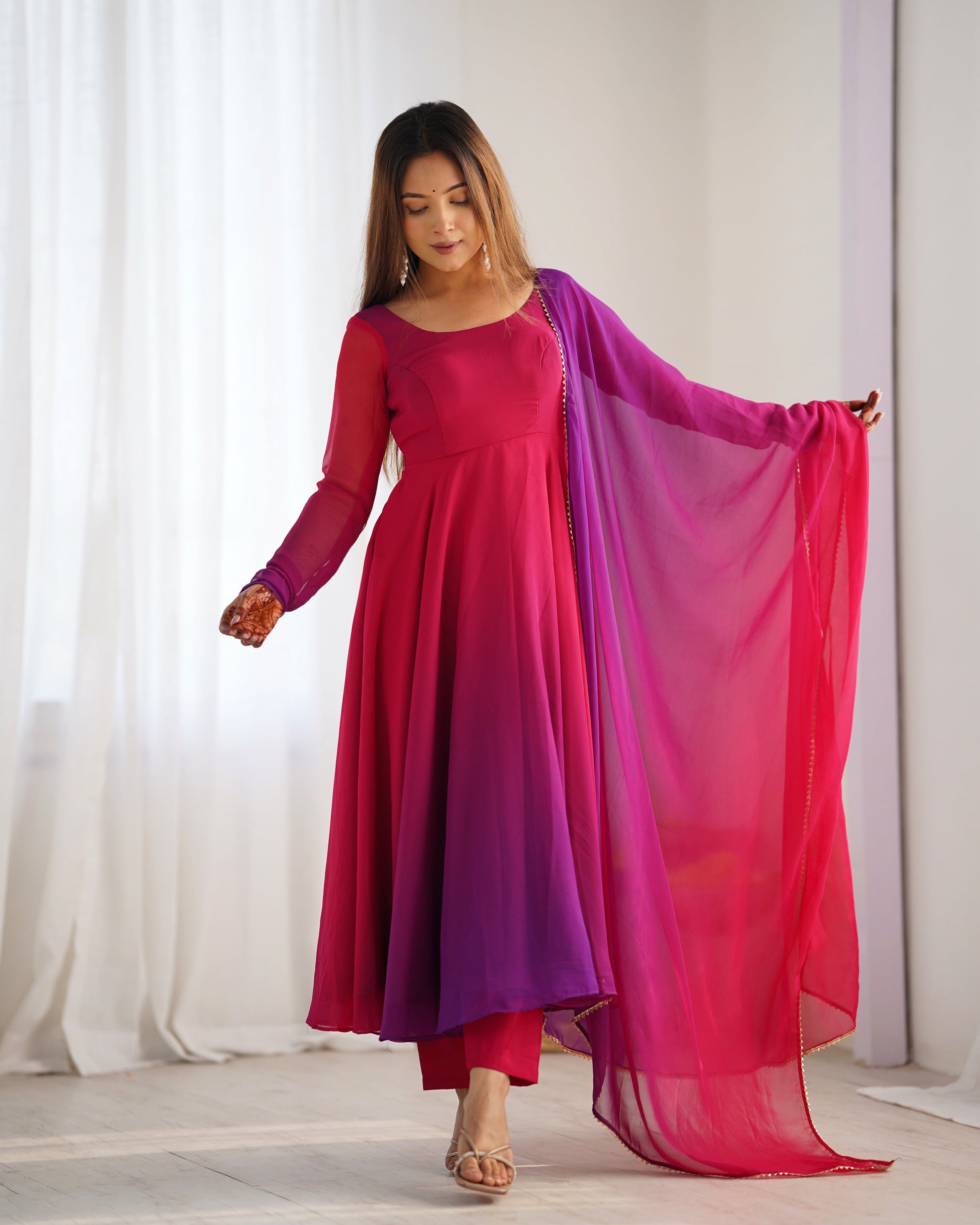 Lorenvalley Women Pure Soft Faux Georgette Colorful Padding Anarkali Kurta Pant With Dupatta Set - Darkpink 