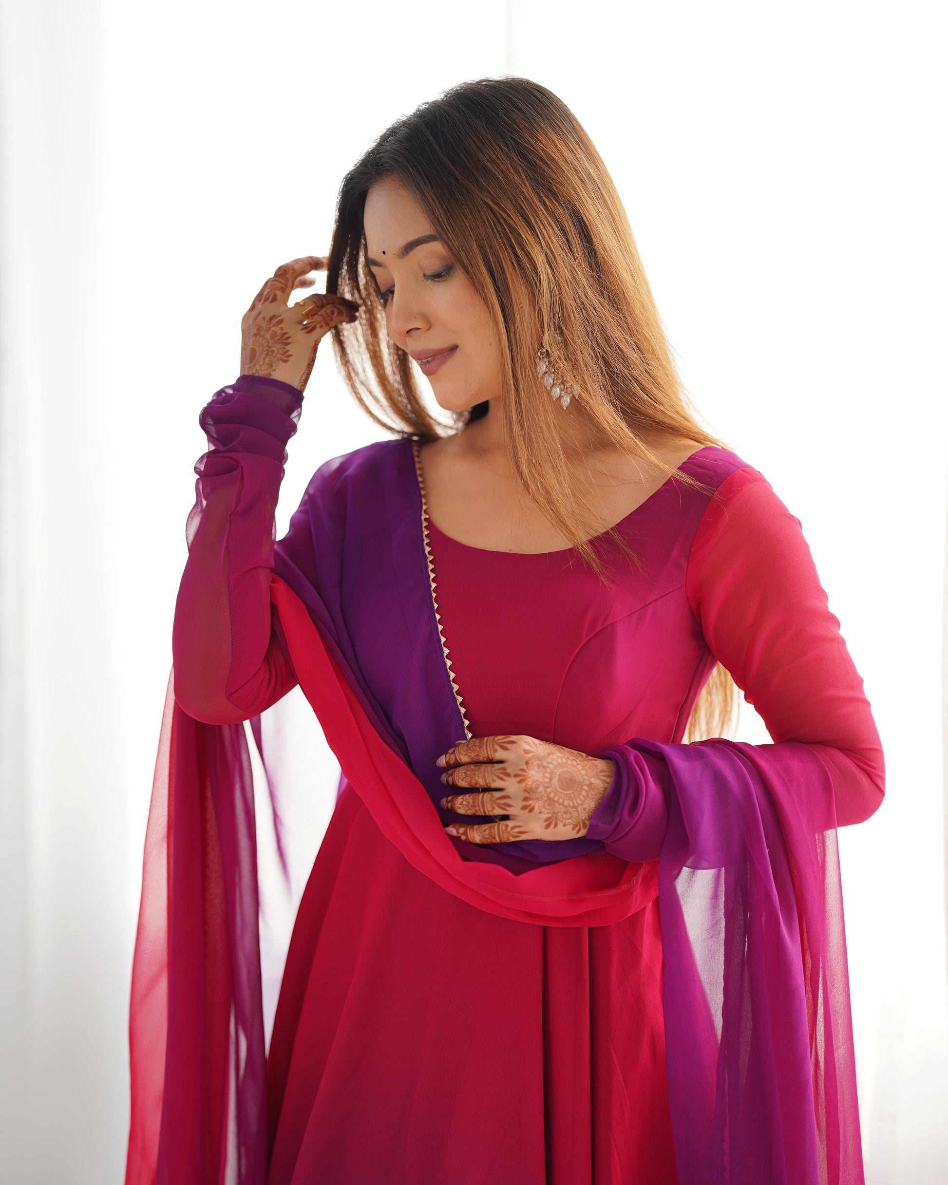 Lorenvalley Women Pure Soft Faux Georgette Colorful Padding Anarkali Kurta Pant With Dupatta Set - Darkpink 