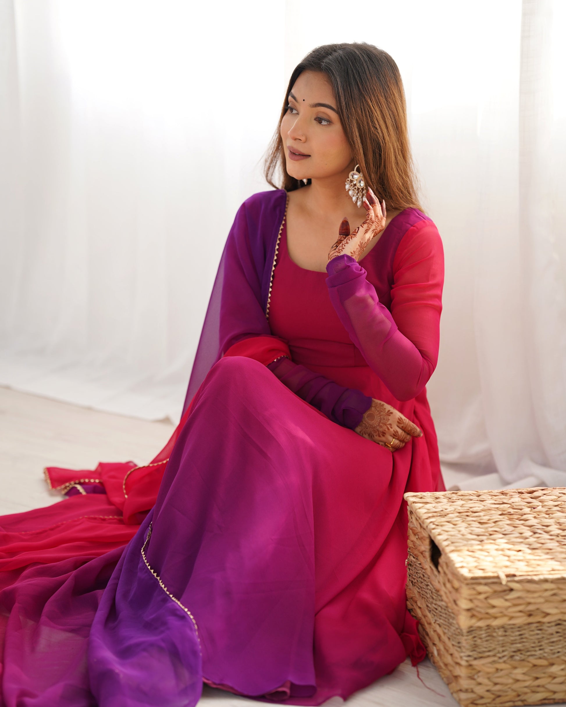 Lorenvalley Women Pure Soft Faux Georgette Colorful Padding Anarkali Kurta Pant With Dupatta Set - Darkpink 