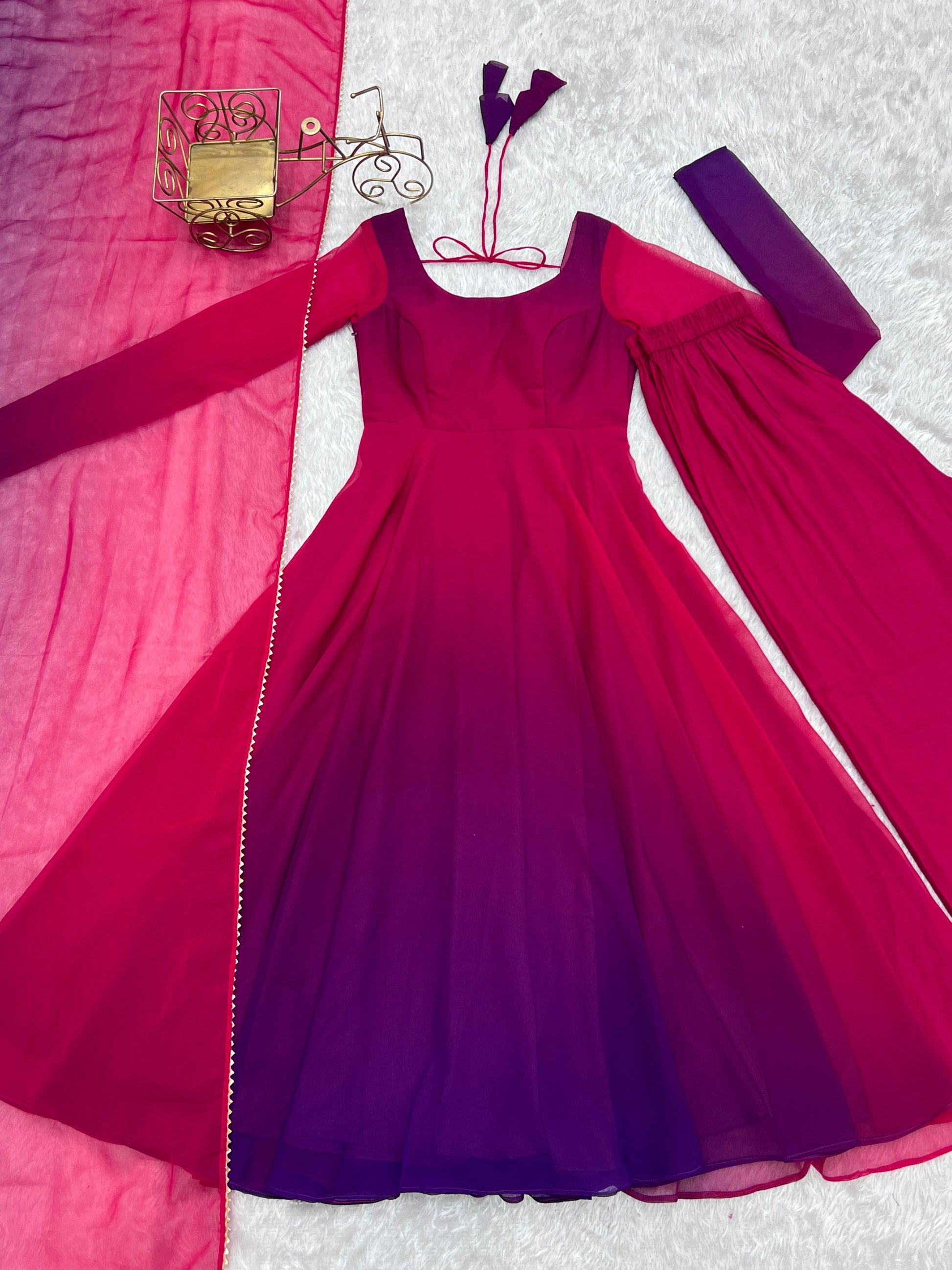 Lorenvalley Women Pure Soft Faux Georgette Colorful Padding Anarkali Kurta Pant With Dupatta Set - Darkpink 