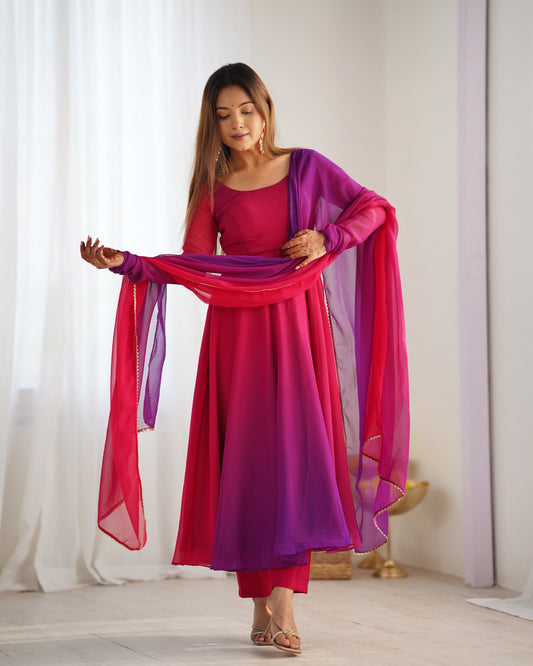 Lorenvalley Women Pure Soft Faux Georgette Colorful Padding Anarkali Kurta Pant With Dupatta Set - Darkpink 