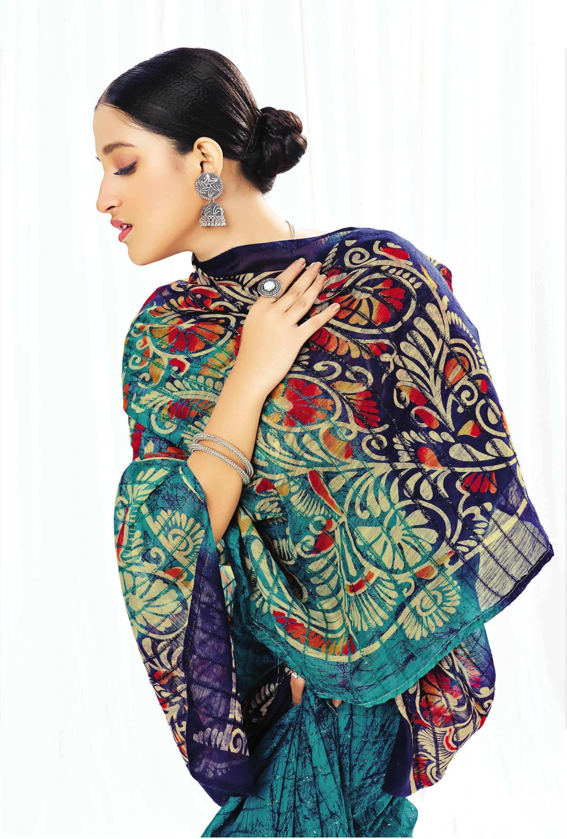 Blue Chanderi Cotton Floral Printed Saree With Unstitched Blouse Piece - Kathika