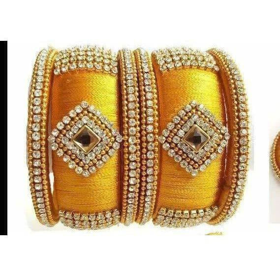 Yellow Color Silk Threaded with Diamond shape White Stone Bangles - Grab2buy
