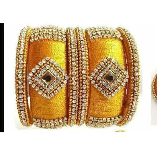 Yellow Color Silk Threaded with Diamond shape White Stone Bangles - Grab2buy