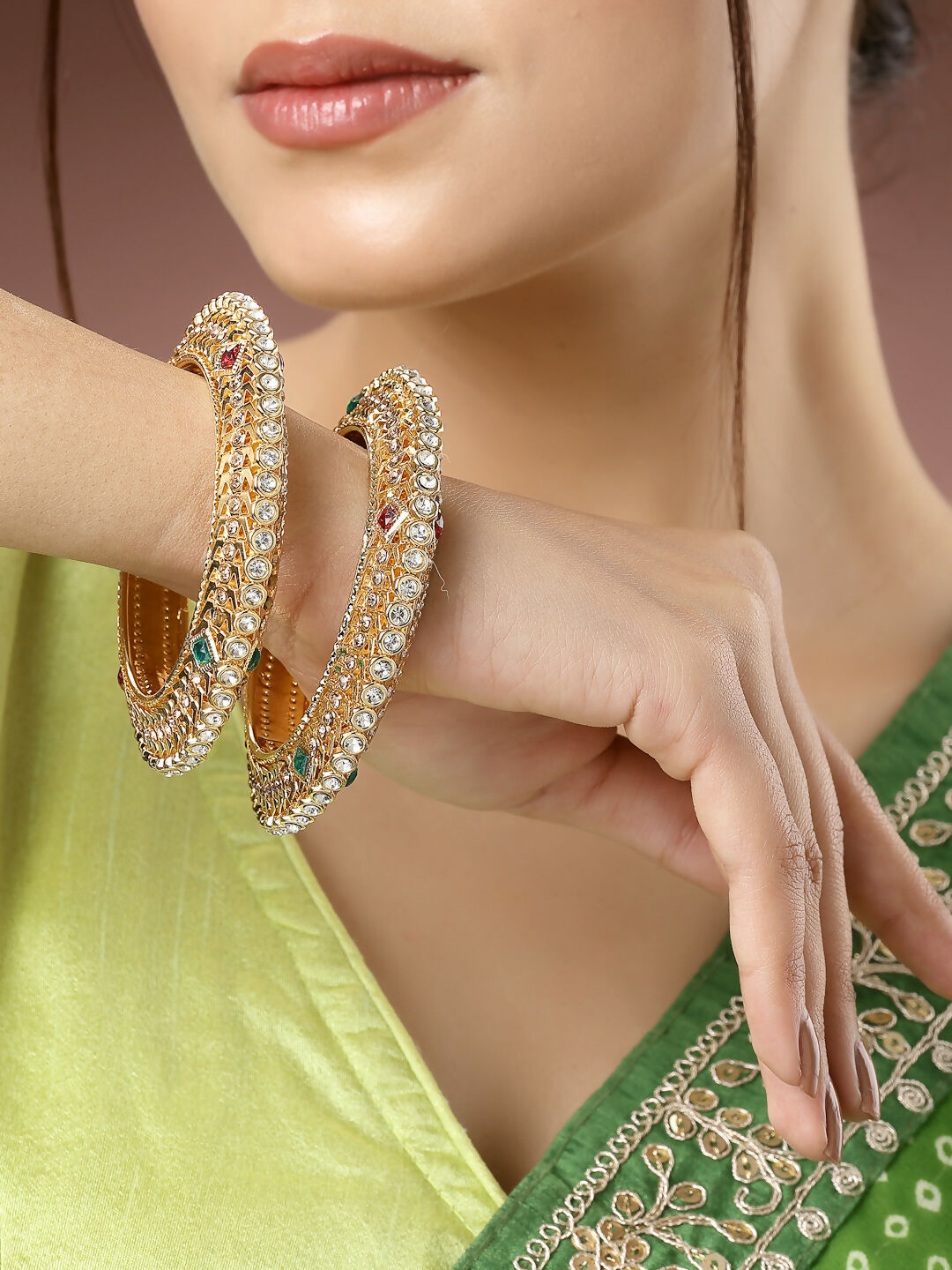 NVR Women's Set of 2 Gold-Polished Kundan Traditional Bangles 