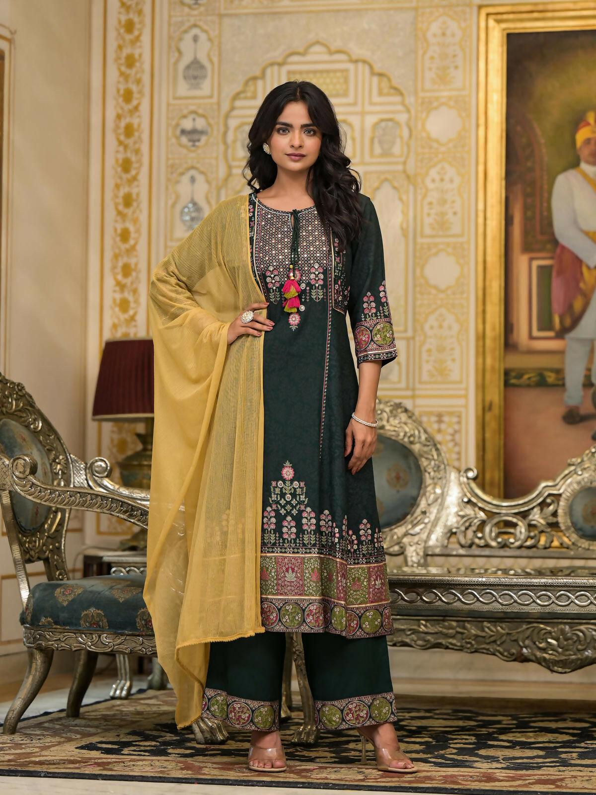 Juniper Women's Green Floral Printed Rayon Kurta Pant With Dupatta Set With Thread Work & Tassels