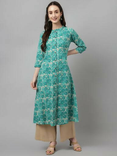 FIORRA Women's Floral Printed Teal Green Pure Cotton Straight Kurta 