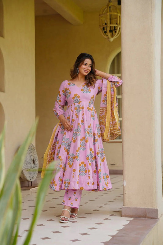 Aayaa Multi Cotton Silk Designer Full Flaired Printed Kurta Set with Dupatta