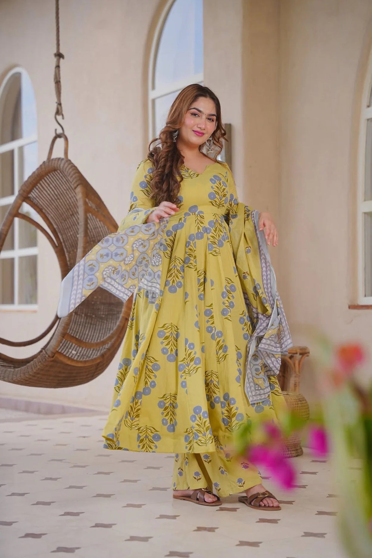 Aayaa Multi Cotton Silk Designer Full Flaired Printed Kurta Set with Dupatta