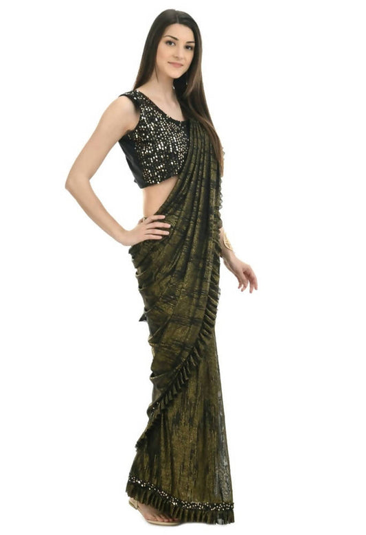 Mominos Fashion All Season Wear Olive Green And Black Ruffled Ready To Wear Saree - Grab2buy