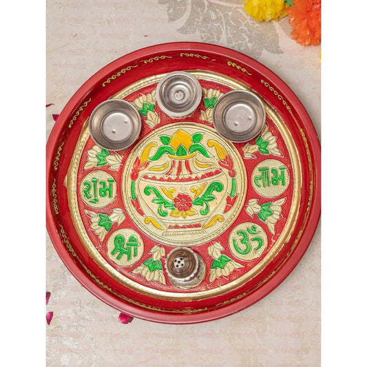 Tied Ribbons Red Printed Pooja Thali With Attached Incense Diya Tilak Holder 