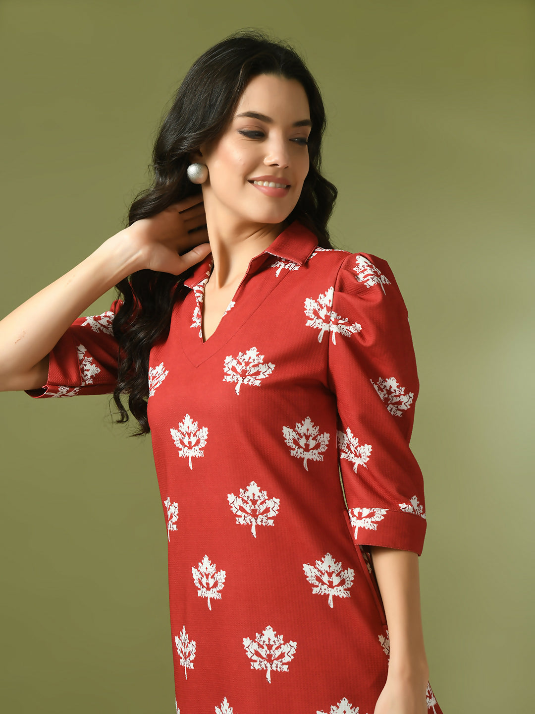 Myshka Women's Rust Printed Shirt Collar Fit and Flare Party Dress