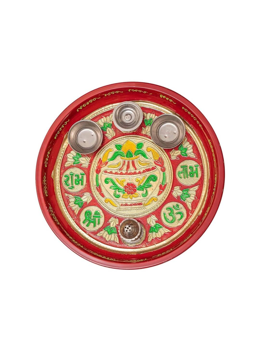 Tied Ribbons Red Printed Pooja Thali With Attached Incense Diya Tilak Holder 