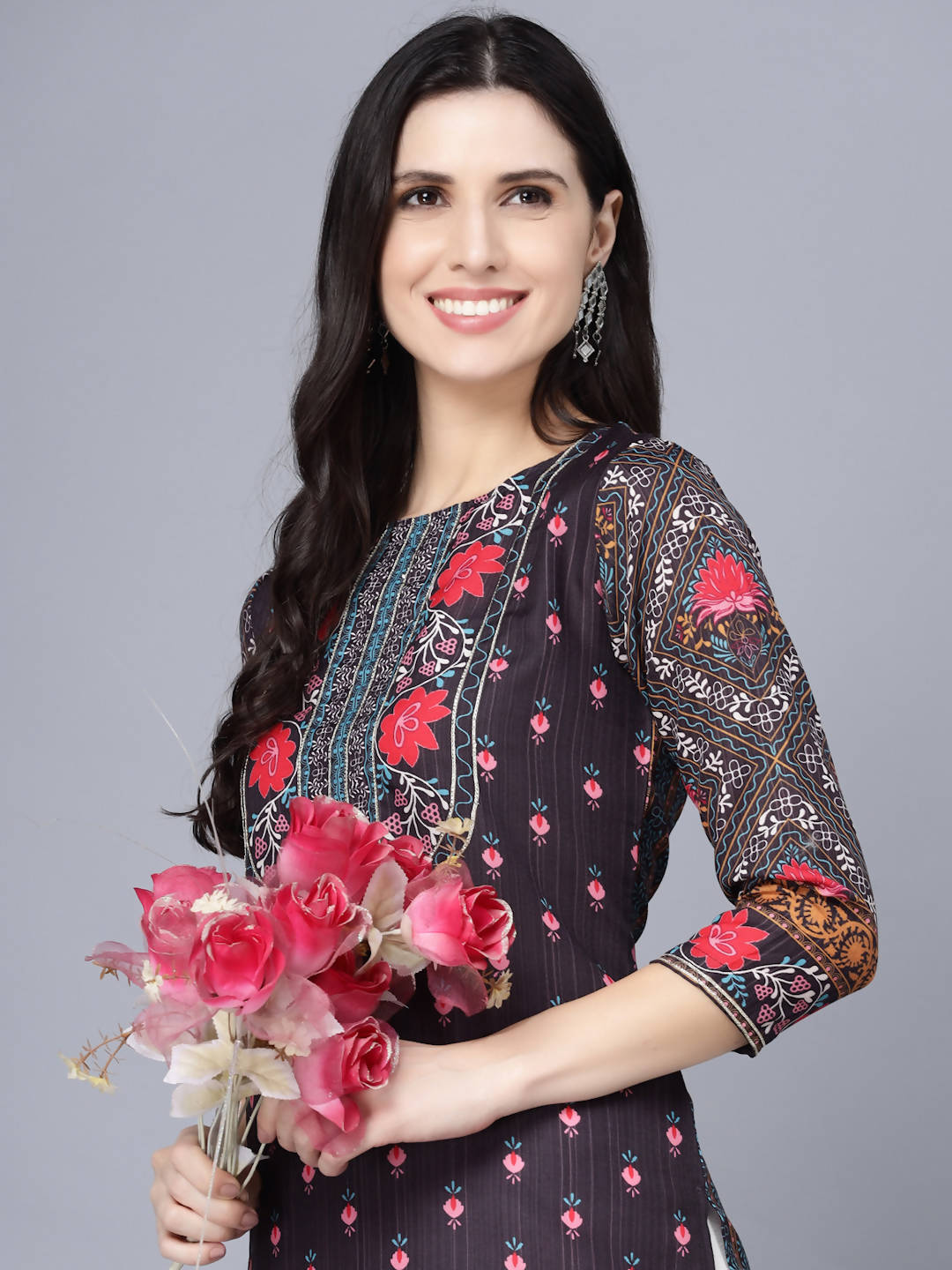 Myshka Women Multicoloured Ethnic Motifs Printed Mirror Work Kurta