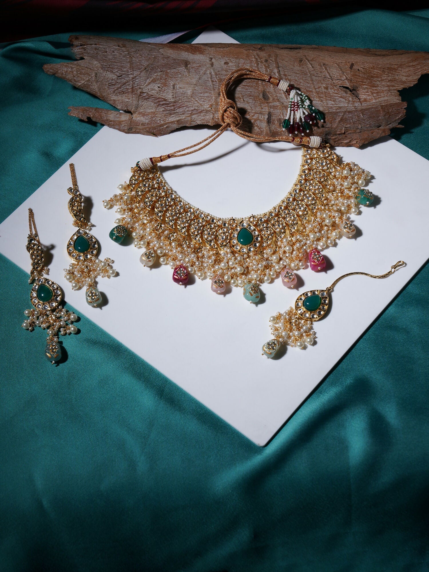 Kundan Choker with Matching Earrings & Maang Tikka Jewellery Set (Gold) - Ruby Raang - Grab2buy