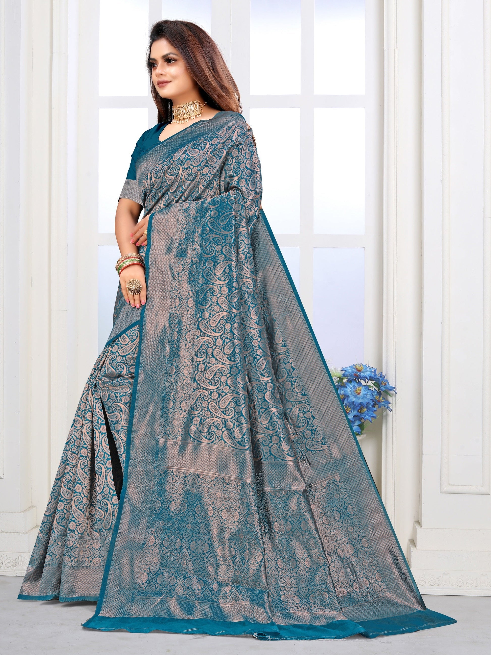 Vedant Vastram Litchi Silk Designer Banarasi Saree - Rama | Swadesiicart