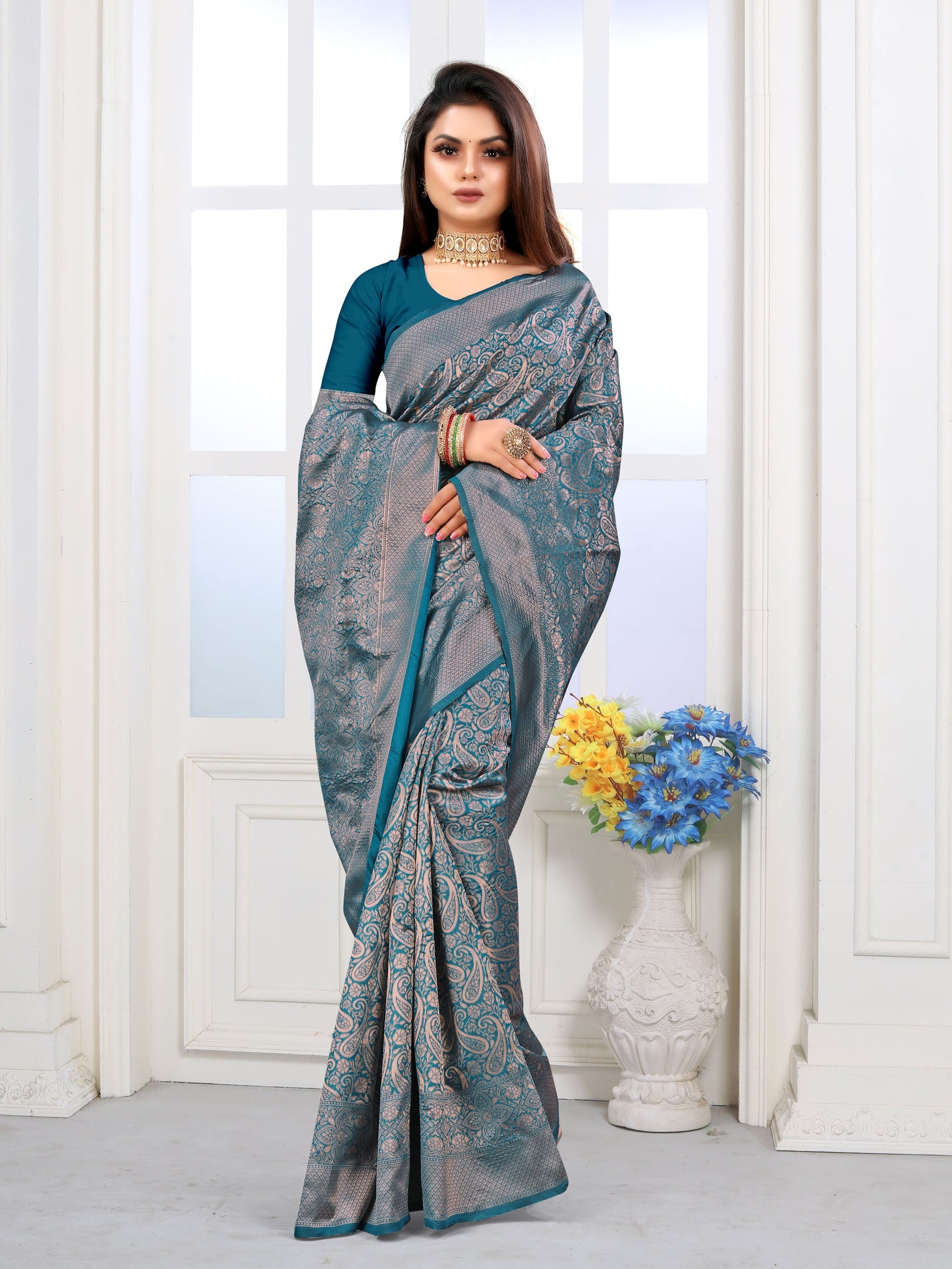 Vedant Vastram Litchi Silk Designer Banarasi Saree - Rama | Swadesiicart