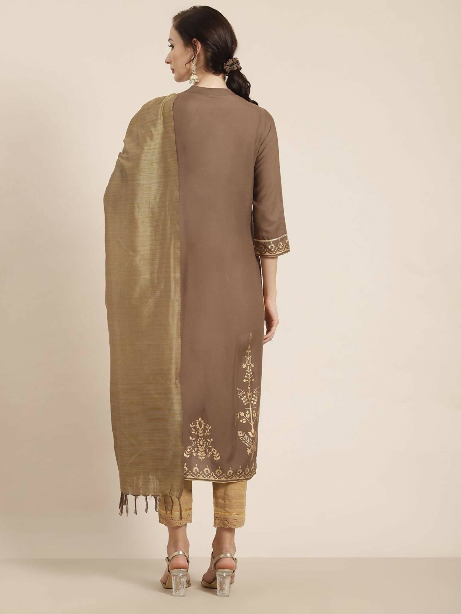 Juniper Women's Brown Rayon Printed Straight Kurta Set