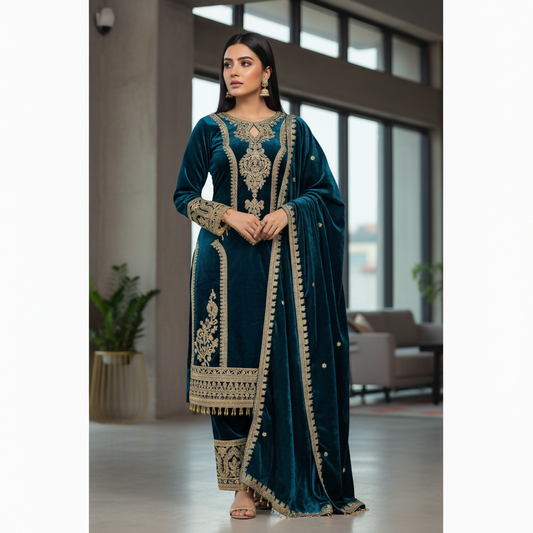 Joban Fashion Teal Velvet Embroidery Sequence Work Readymade Kurta Set