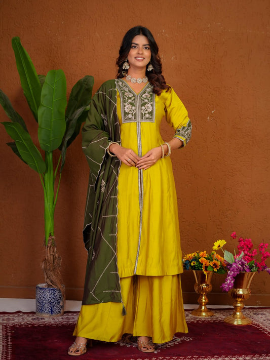 Lehenga Mart Designer Anarkali Suit With Kurta Palazzo Dupatta For Women-Mustard Yellow