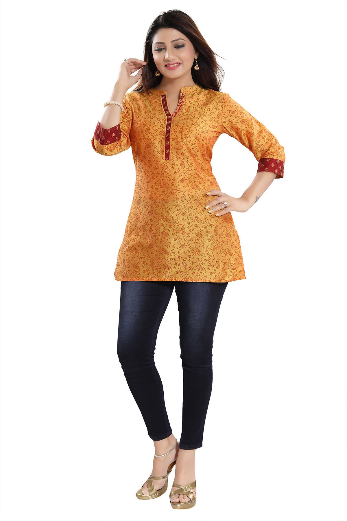 Snehal Creations Luxurious Fine Fire Gold Cotton Silk Short Tunic