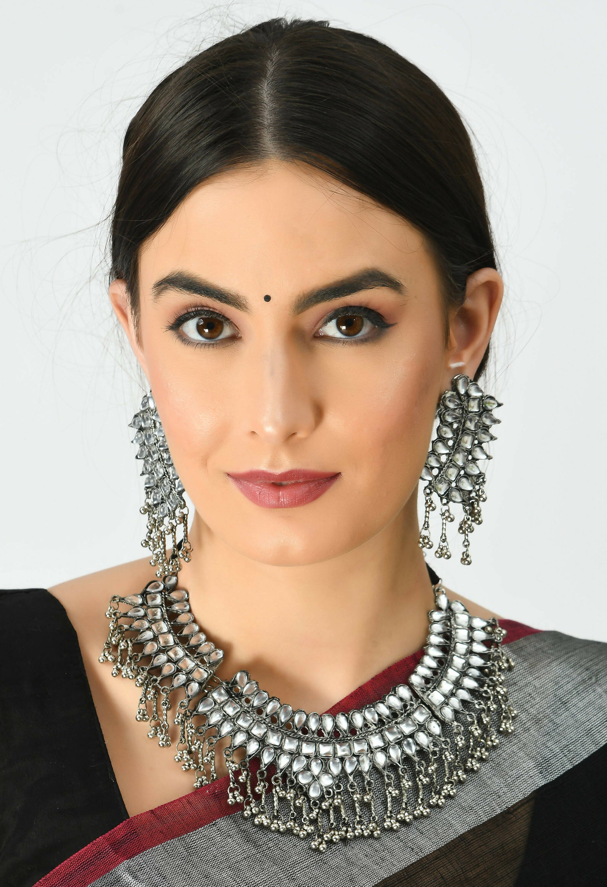 Mominos Fashion Johar Kamal Oxidised Silver-Plated Brass Finish Kundan Necklace For Women (Silver) - Grab2buy