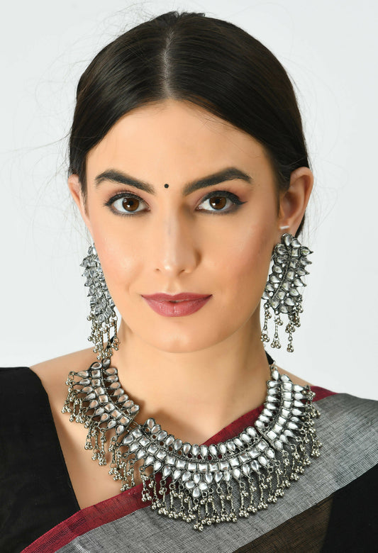 Mominos Fashion Johar Kamal Oxidised Silver-Plated Brass Finish Kundan Necklace For Women (Silver) - Grab2buy
