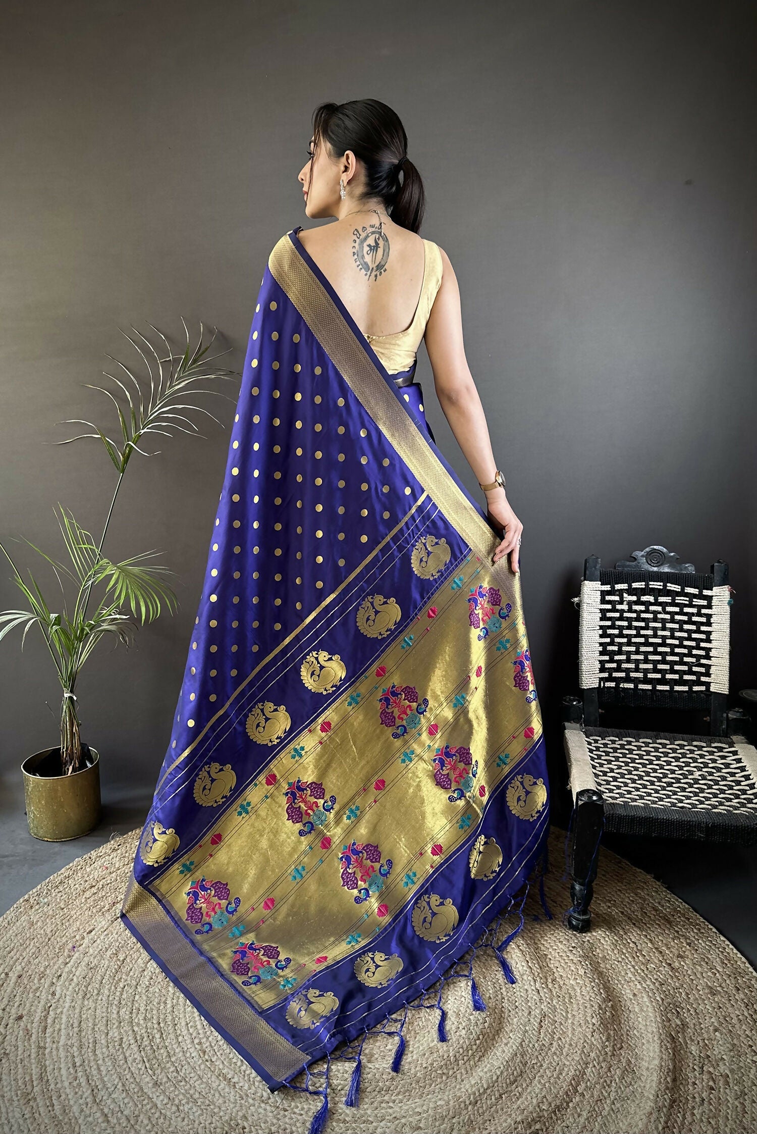 Joban Fashion Royal Blue Polka Dot Lichi Silk Paithani Silk Saree