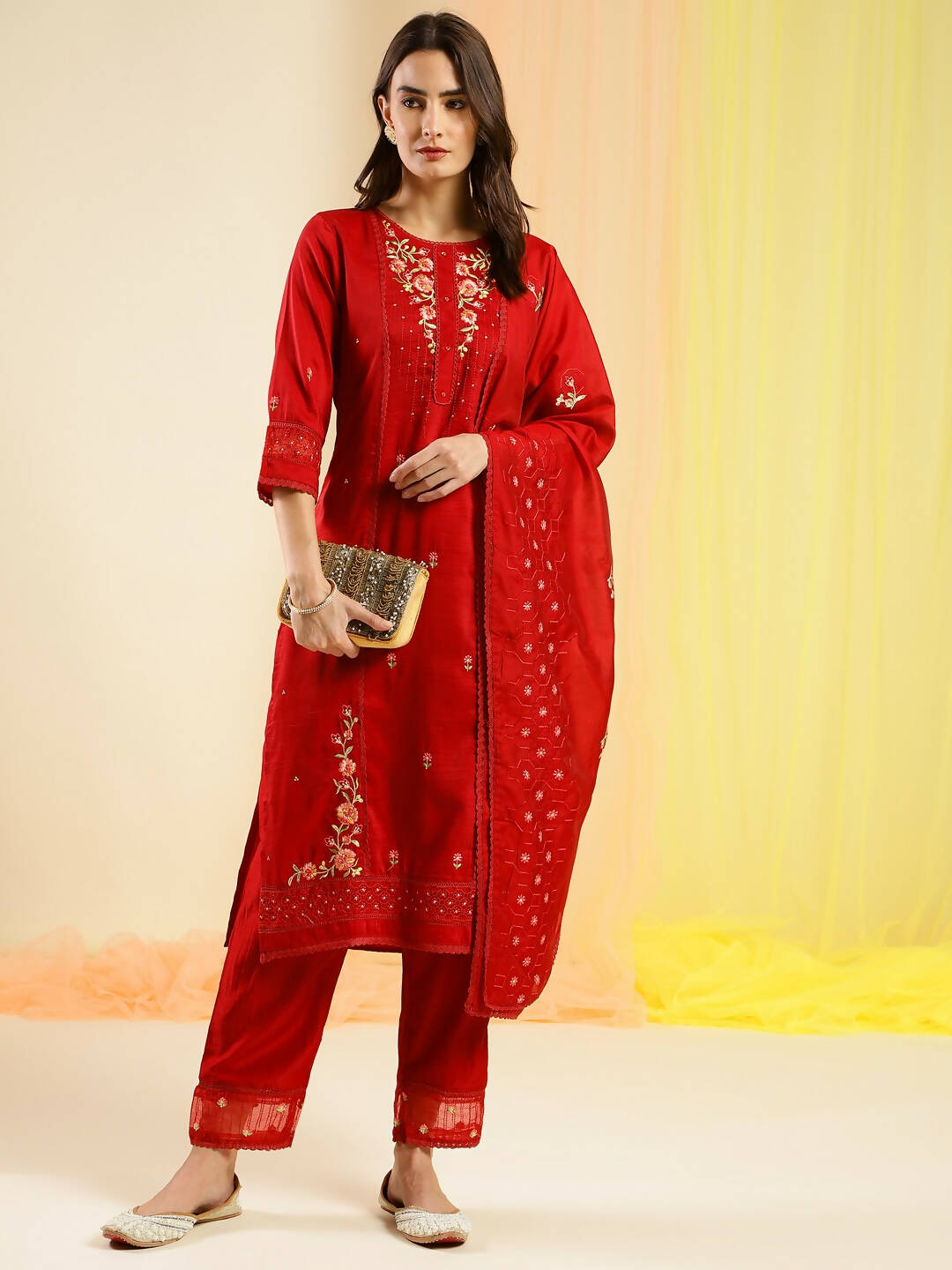 Red Chinon Embroidered Straight Kurta with Trouser & Dupatta - Salimar