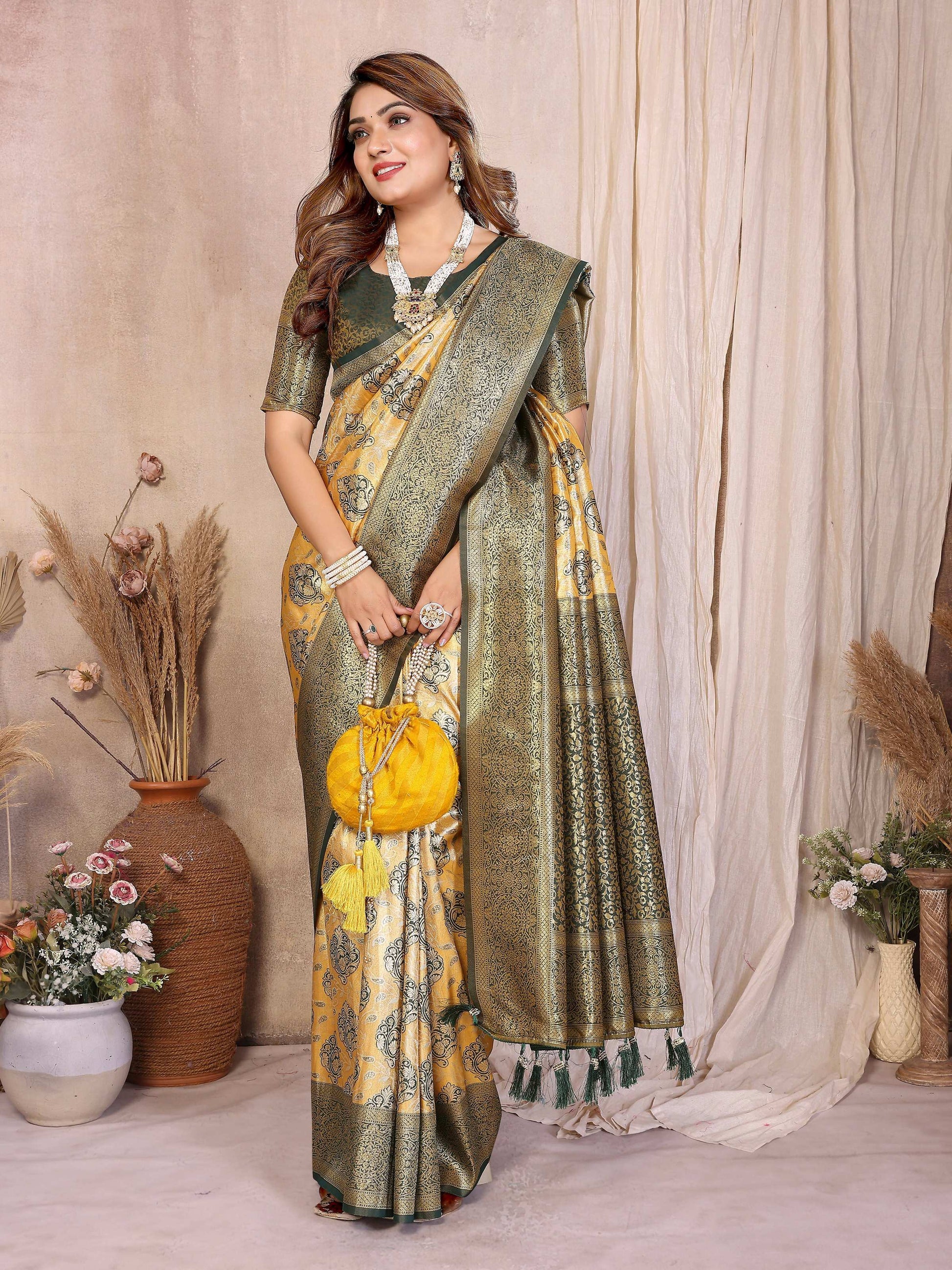Aastha Fashion Mustard Banarasi Tissue Silk Weaving Saree