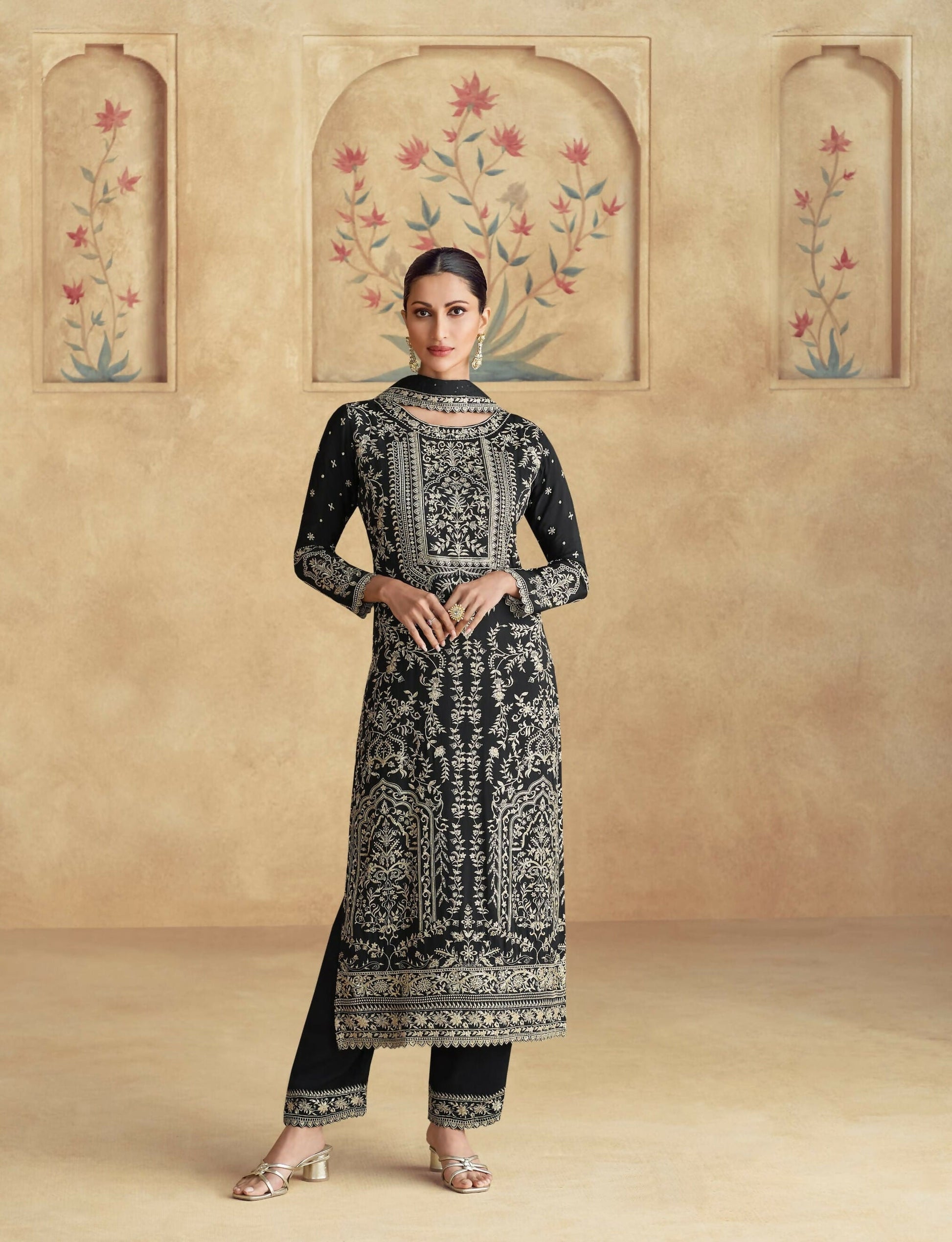 Anaita Black Premium Chinon Embroidered Sequin Work Ready Made Suit